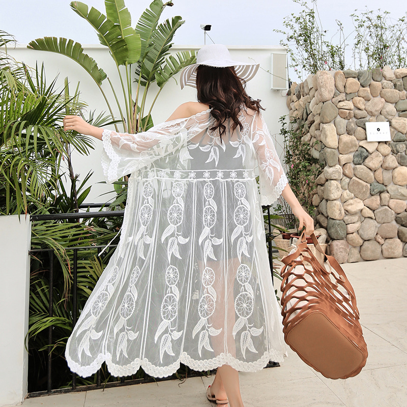 Cross-border Bikini Blouse Embroidered Lace Seaside Beach Holiday Long Cardigan Loose Shawl Sunscreen Clothing for Women