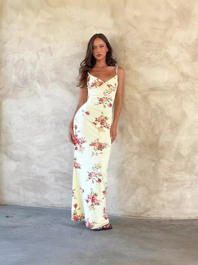 European and American Cross-border Women's Summer New Holiday Style Elegant Slim-fit Printed Design Sense Sling dress Women