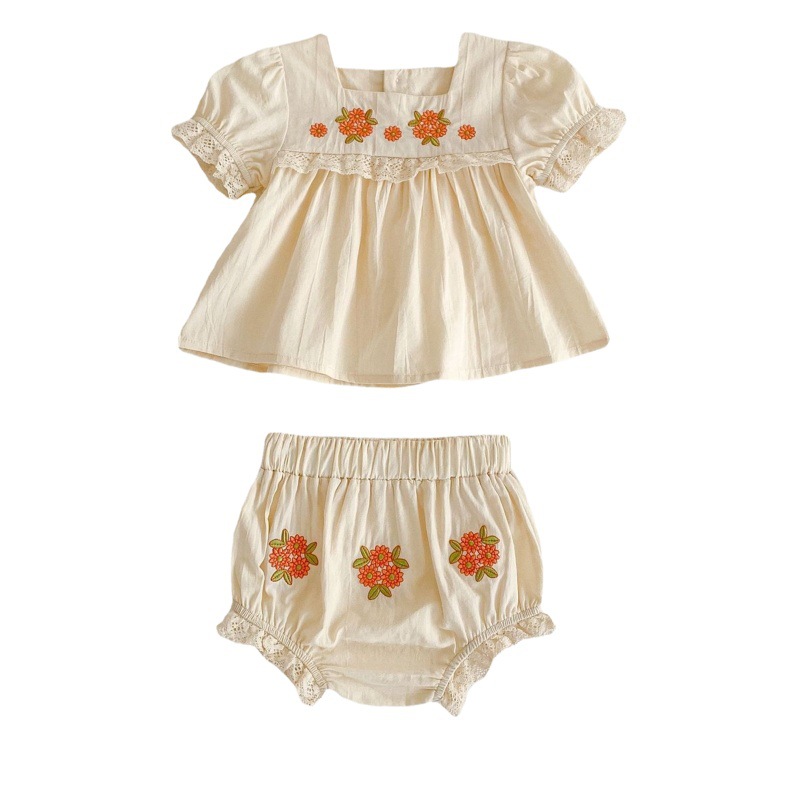 2025 Summer Ins Baby Flower Embroidered Short-Sleeved Top + Flower Bread Shorts 2-Piece Set for Baby Girls