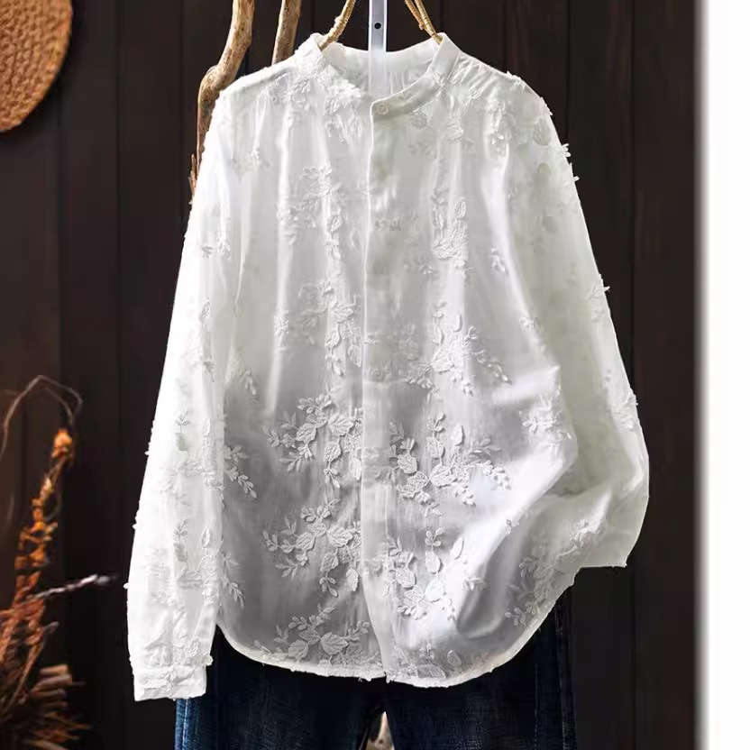 French OS Small Collar Three-dimensional Flower Heavy Industry Embroidery Xinjiang Cotton All-match White Shirt Shirt Women's 24 Spring