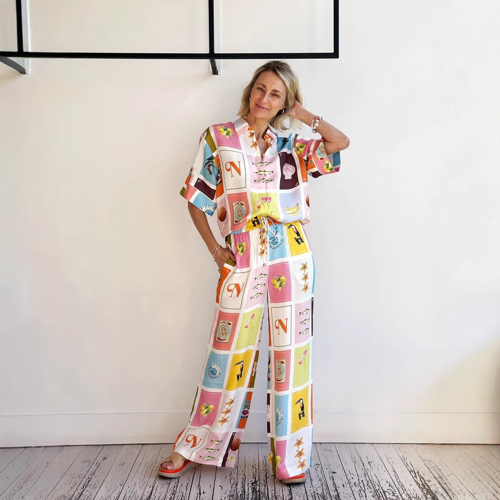 Europe and the United States cross-border 2024 independent station AliExpress fashion personality printed short sleeve color matching holiday leisure tether suit