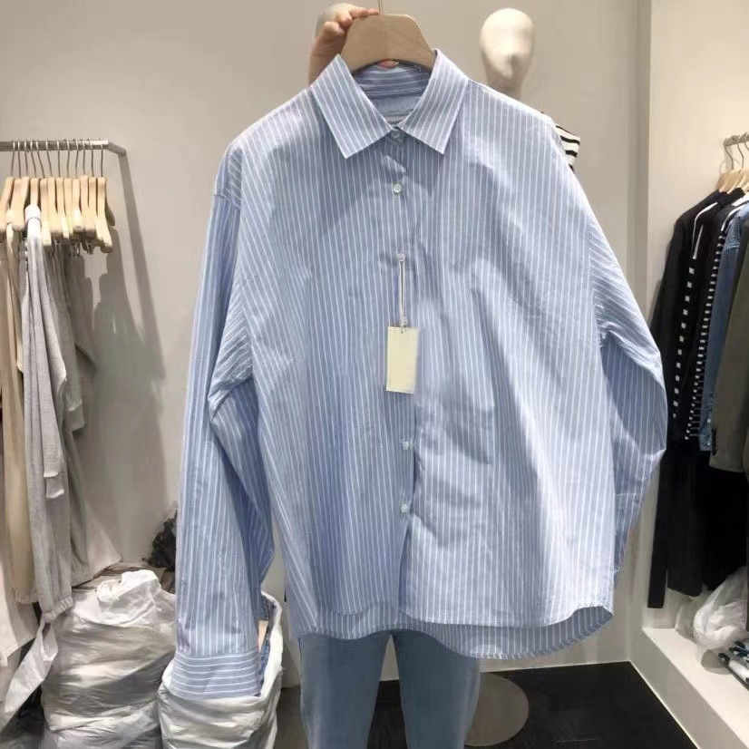 South Korea's Dongdaemun New Style Lapel Button Striped Loose Slim Long-Sleeved Shirt Women's Top