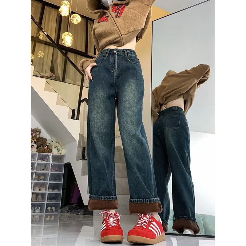 fleece-lined Thickened Straight Leg Jeans Women's Warm Outer Wear 2023 Autumn and Winter New High Waist Slimming Loose Wide Leg Pants