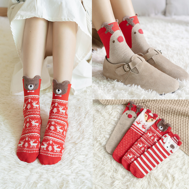 Picture of Christmas socks women's autumn and winter New Year festive women's socks Japanese cotton socks three-dimensional cartoon elk cross-border Women's Mid-calf length socks