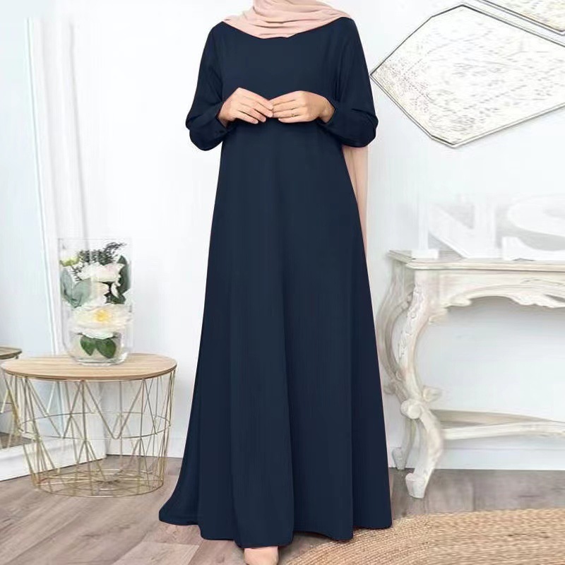 in stock New Cross-border Middle East Muslim Solid Color Loose Pullover Casual Elegant Long Sleeve Long dress Factory Batch