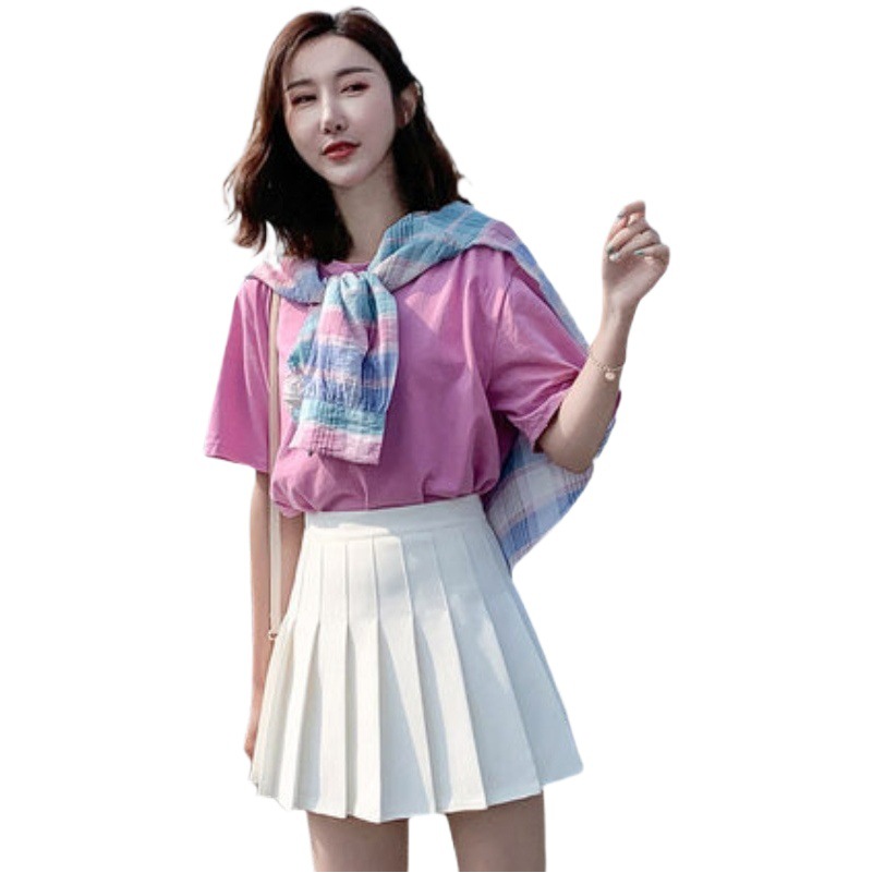 White pleated skirt women's summer skirt black high waist A- line short skirt gray 2023 plus size chubby girl