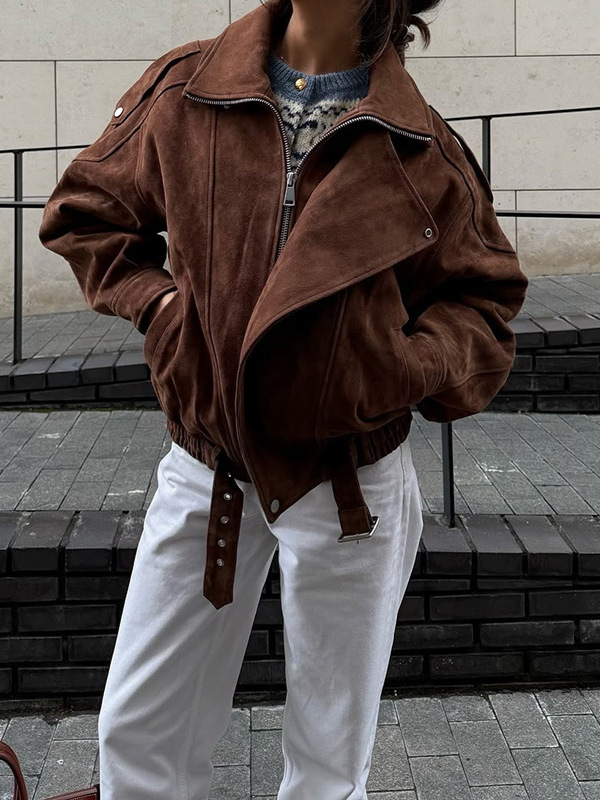 2024 European and American Cross-border Hot Selling Women's Brown Short Loose Jacket Coat Vintage Maillard Fashion Casual