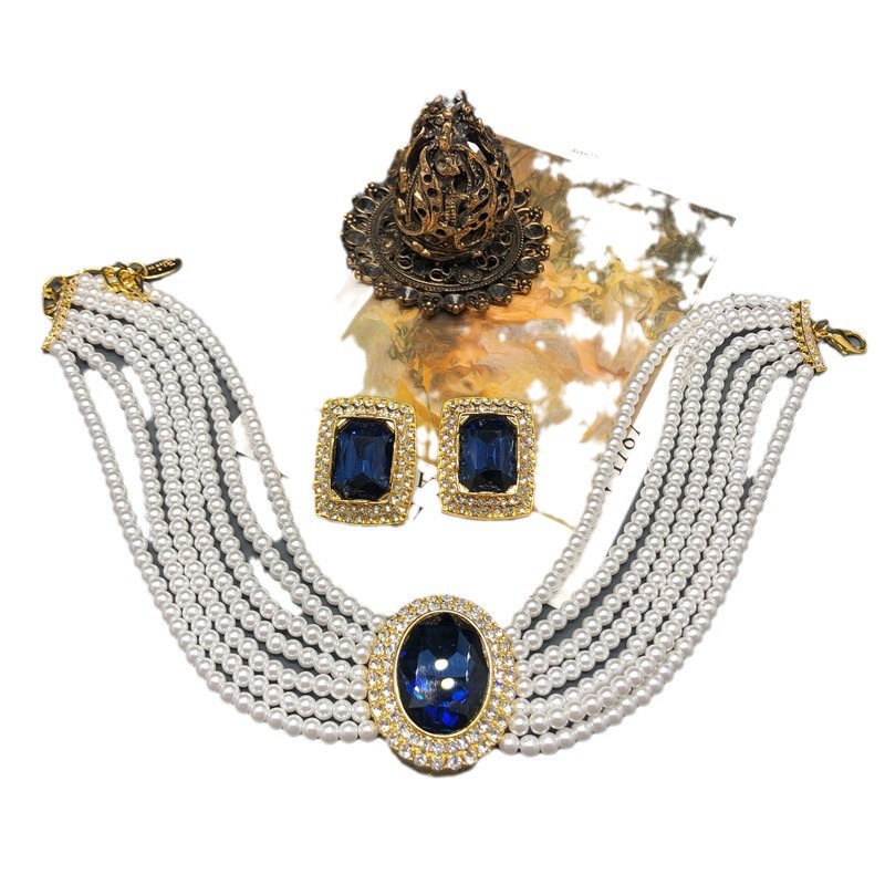 Picture of Classic Hepburn Style Multi-Layer Glazed Pearl Neck Chain Sapphire Gold Plated Clavicle Chain Silver Needle Ear Stud Ear Clip suit