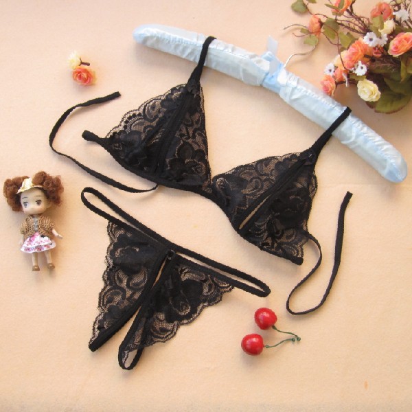 Picture of Sexy Lingerie Three-Point Open Breast-Exposing Bikini Lace Pajamas Set Thong Two-Piece Set Gift Delivery
