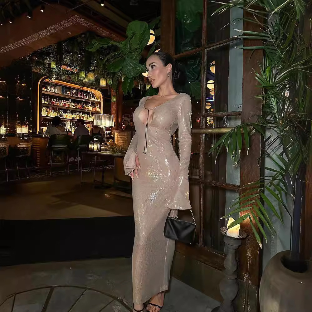 Picture of European and American Fashion Purple Transparent Sequin Backless Bell Dress Summer Women's Export Trumpet Sleeve Long Skirt Dress