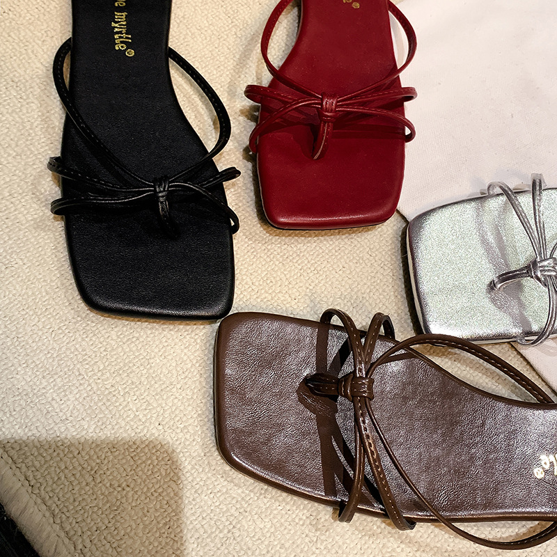 Cowhide Version of the Same Style, French Square-Toed High-Heeled Shoes, 2025 Summer Style, Thin-Strap Chunky Heel Flat Sandals for Women, Genuine Leather