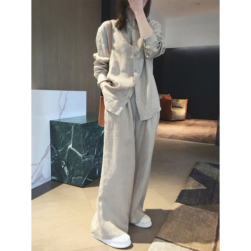 Ramie Shirt 2025 Spring and Summer New Cotton and Linen Style Ethnic Style Casual Design Wide-Leg Pants Suit Women's Independent Station