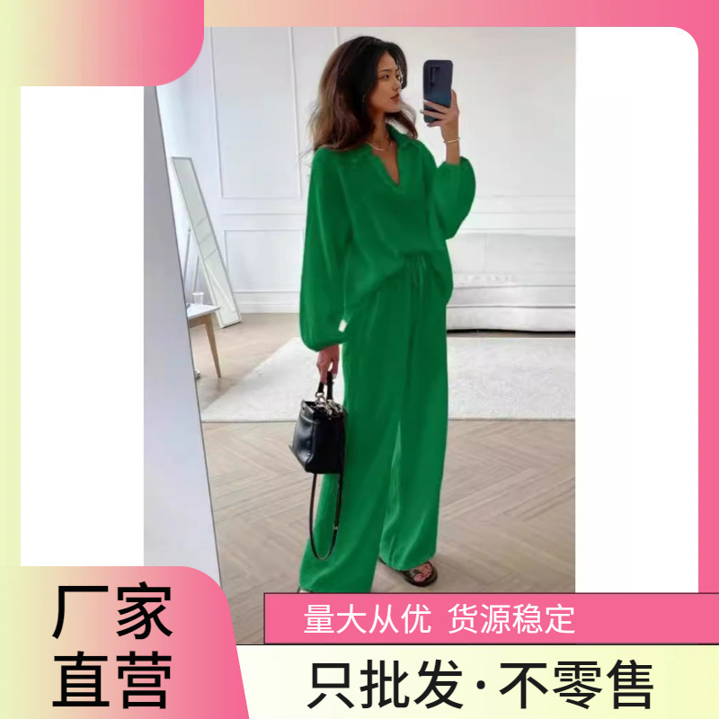 2024 Europe and the United States cross-border Amazon new cotton and linen suit cardigan long sleeve jacket pocket wide leg pants two-piece set