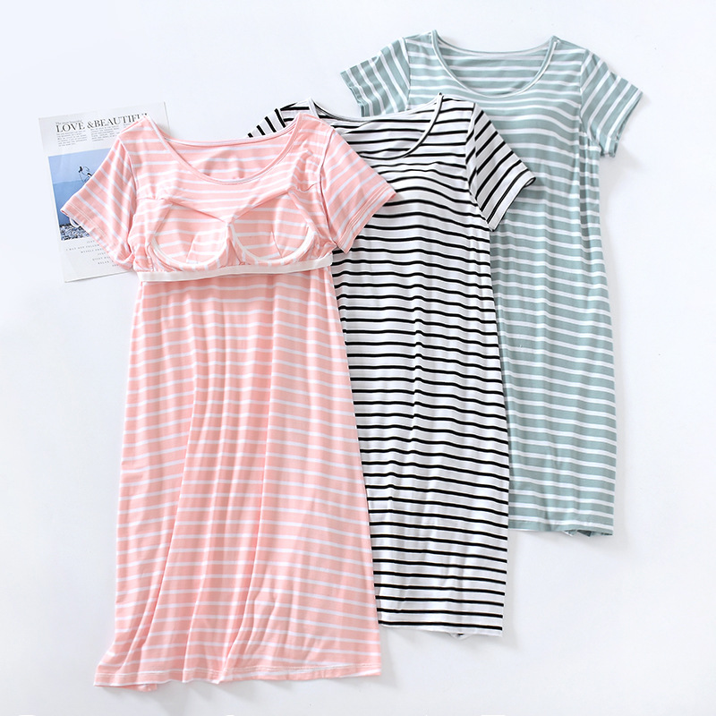 Summer Modal Striped Nightdress with Chest Pad Short Sleeve Nightdress Home Clothes Wear-Free Bra Pajamas Long Dress for Wearing at Home