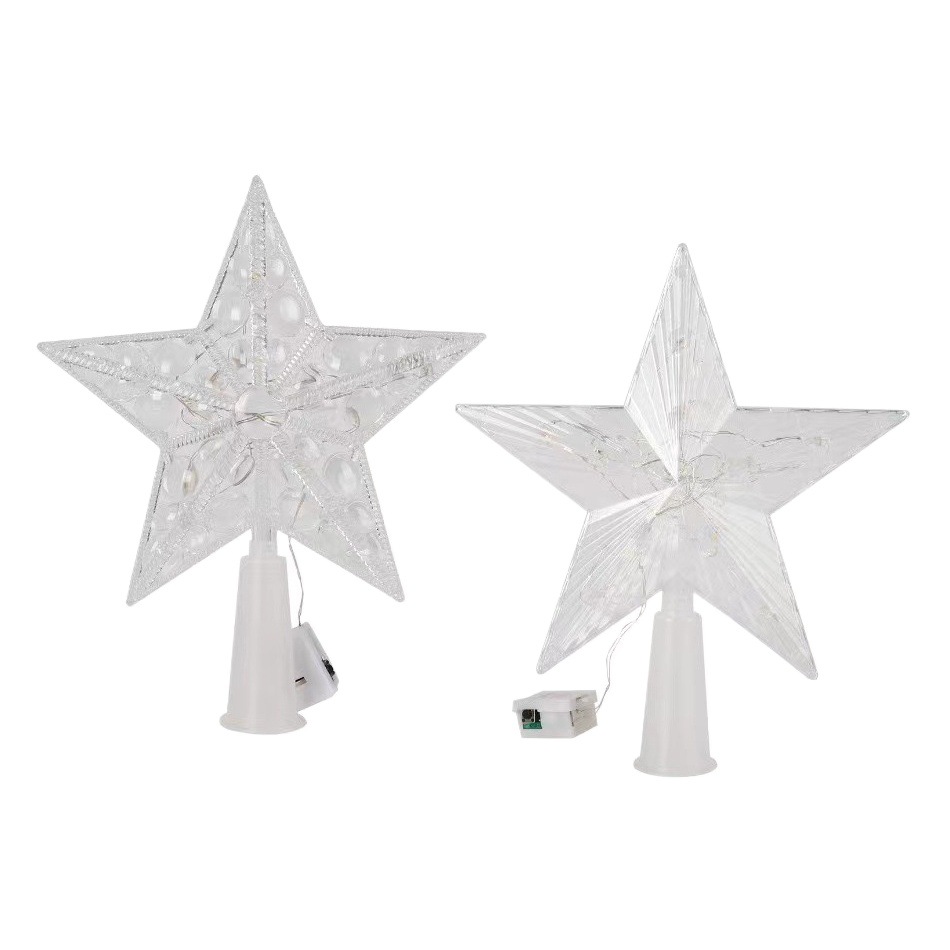 Cross-Border Spot Christmas Decorations 15cm Transparent Luminous Tree Top Star Christmas Tree Decorations Warm Colorful Lights