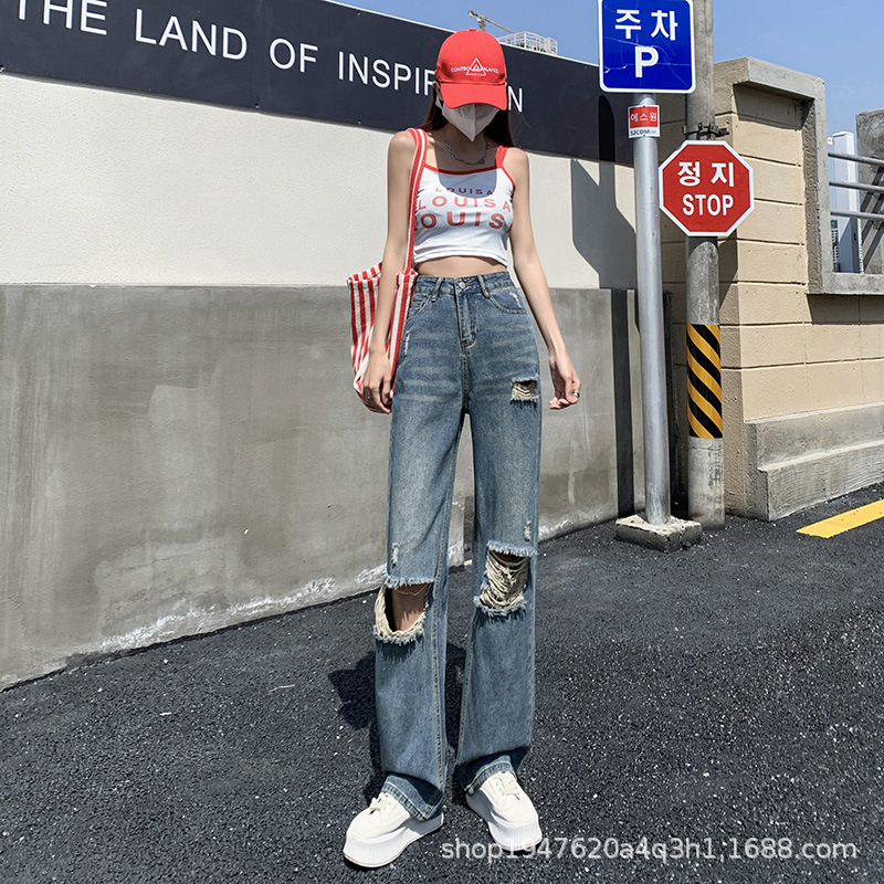 Picture of Ripped Wide Leg Jeans Women's Summer 2023 New High Waist Slim Look Straight Loose Dumping Pants Thin
