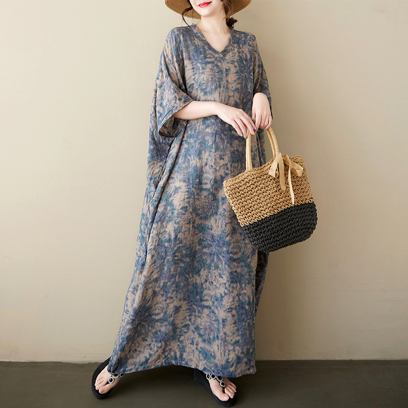 Picture of 2025 Summer Fashion Loose plus size Women's New Artistic Retro V-neck Cotton Linen Printed Shoulder Sleeve dress