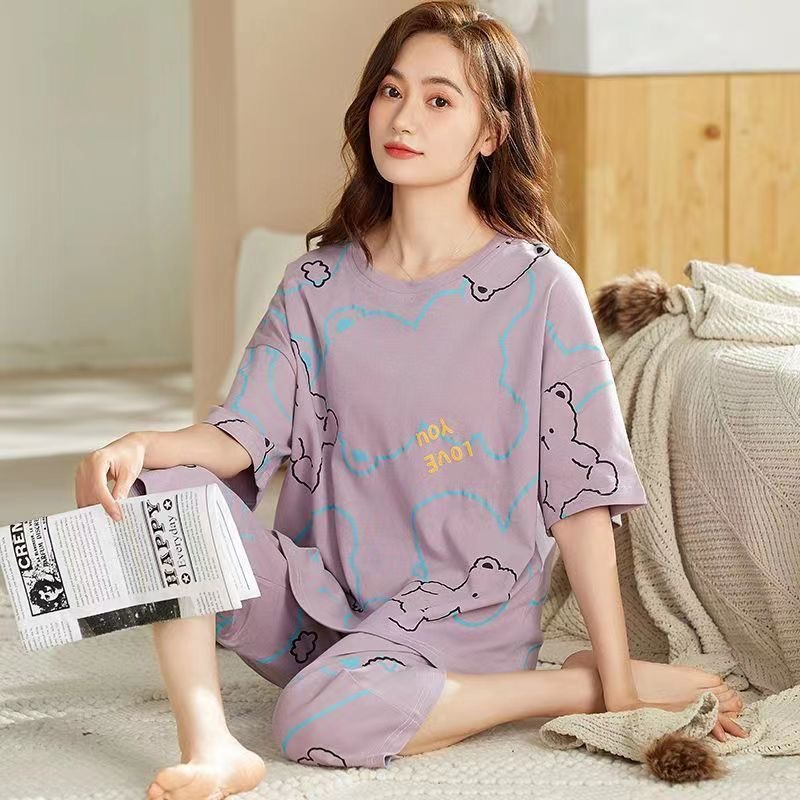 Picture of Pajamas Women's Summer Short-sleeved Cropped Pants Pullover Round Neck Printed Women's Spring and Autumn Plus Size Wide Home Clothes suit