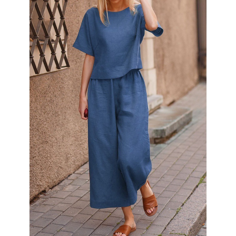 Picture of 2022 cross-border Amazon casual European and American plus size suit loose solid color shirt trousers two-piece set