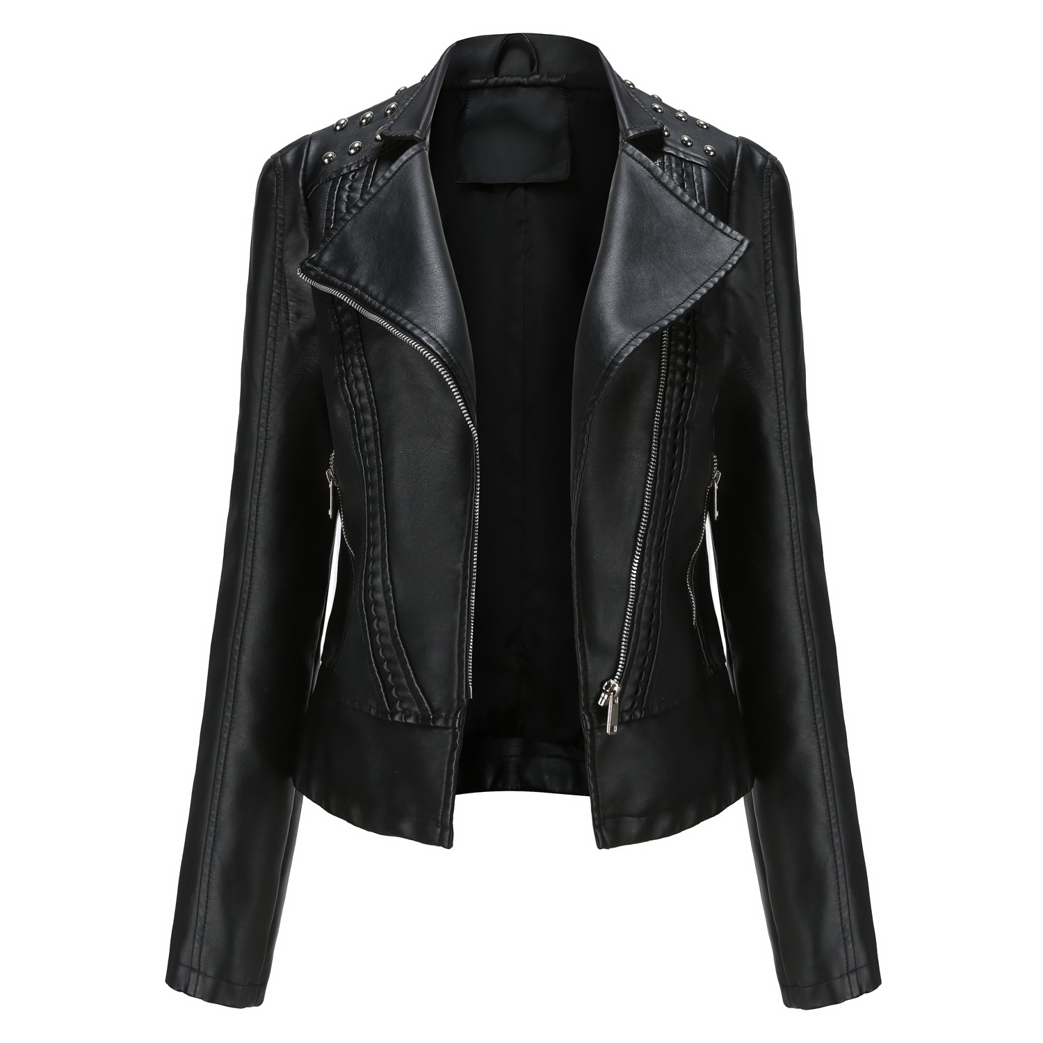 Picture of Boutique leather clothing Women Beaded Leather Jacket Lapel Spring and Autumn High-grade PU Leather Jacket