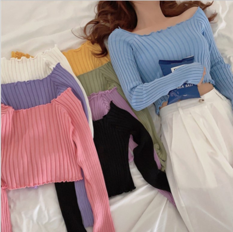 New Style Careful Machine Ear Off-shoulder Short Navel Slim-fit Sweater Women's Autumn Wear Vertical Stripe Long Sleeve All-match