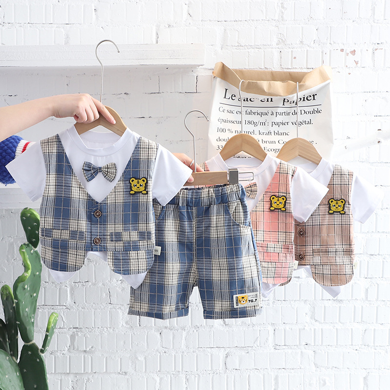 Korean Style Summer New Boy's Round Neck Gentleman's Vest Short Sleeve Set Men's Baby's Plaid Casual Shorts Two-piece Set