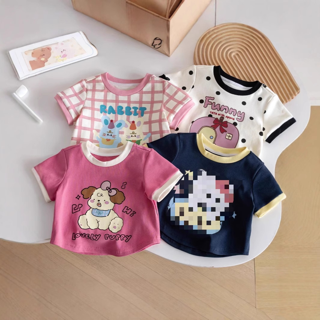Summer New Cartoon Foreign Style Cute Girl Baby Cute Polka Dot Plaid Contrast Stitching Short-sleeved T-shirt Top
