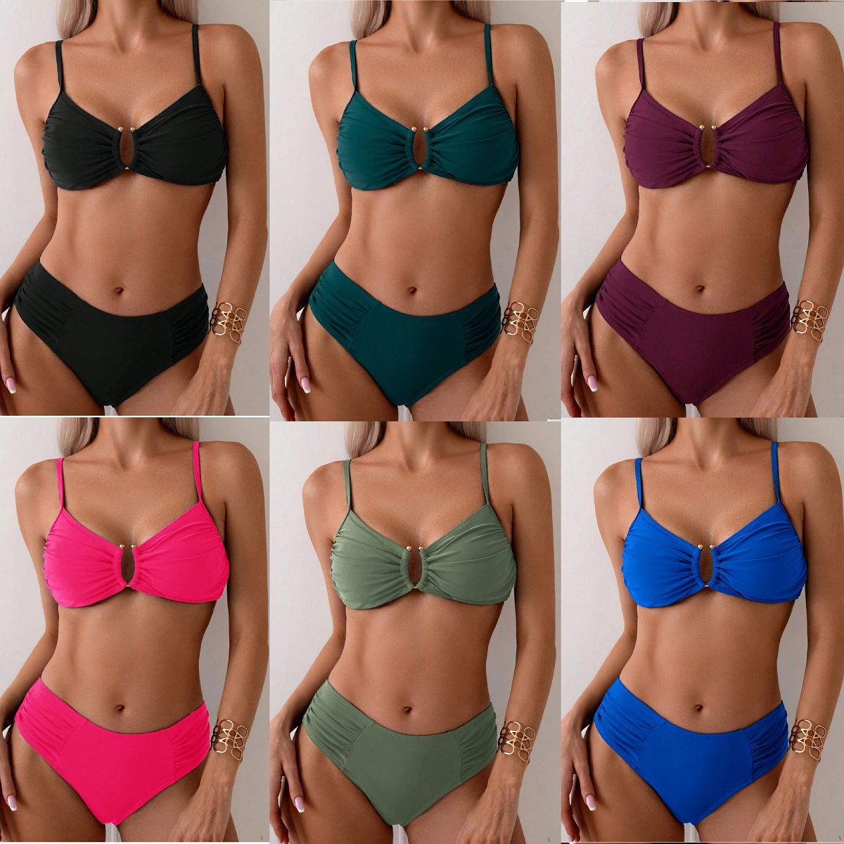 2024 New Foreign Trade European and American Bikini Solid Color Bikini Split Cross-border Fashion Swimsuit Two-piece Swimsuit