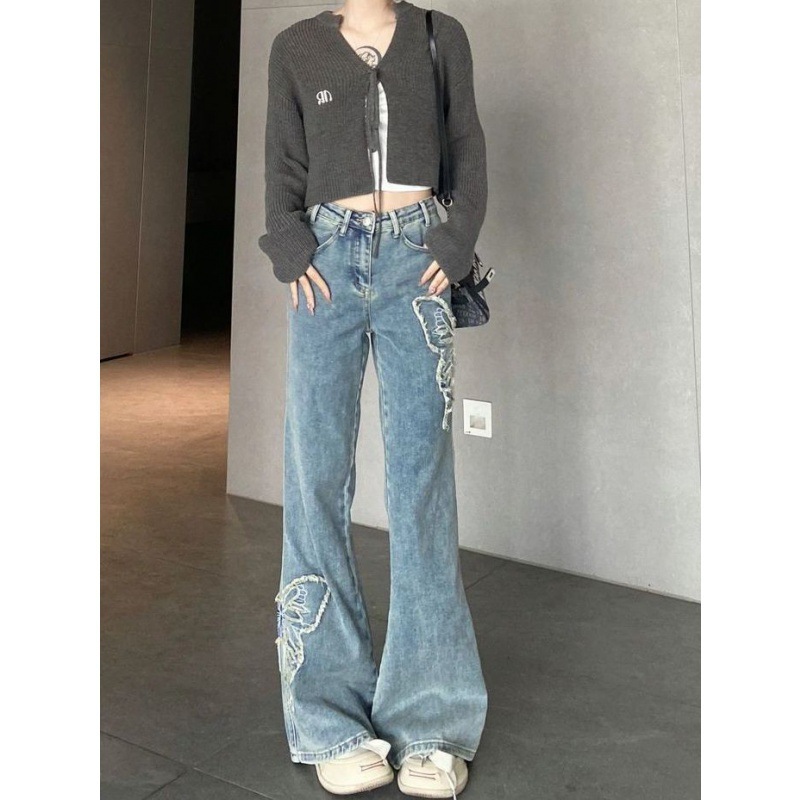 American Style Spice Girl Retro Micro-flared Jeans Women's Summer High Waist Slimming Straight Pants Retro Personalized