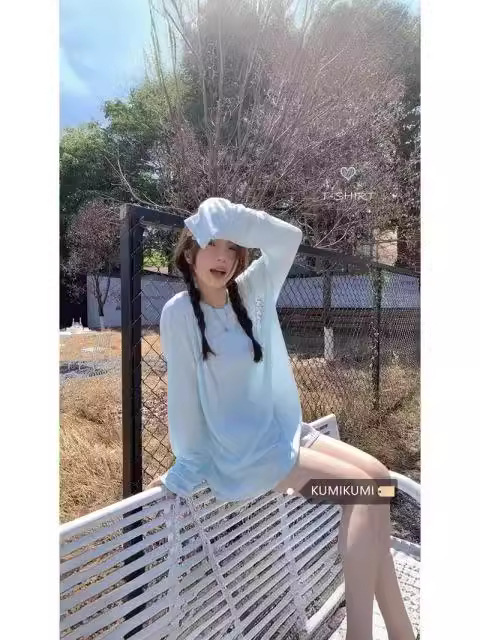 Lazy Style Relaxation Blue Top Letter Printed Blouse T-Shirt Women's Summer Thin Casual Loose Sunscreen Shirt