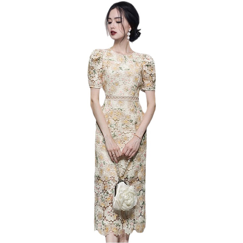 Light Luxury Fashion Embroidered Printing Lace Open-waist Hollow Dress Cross-border Women's Summer New Dopamine Hip Dress