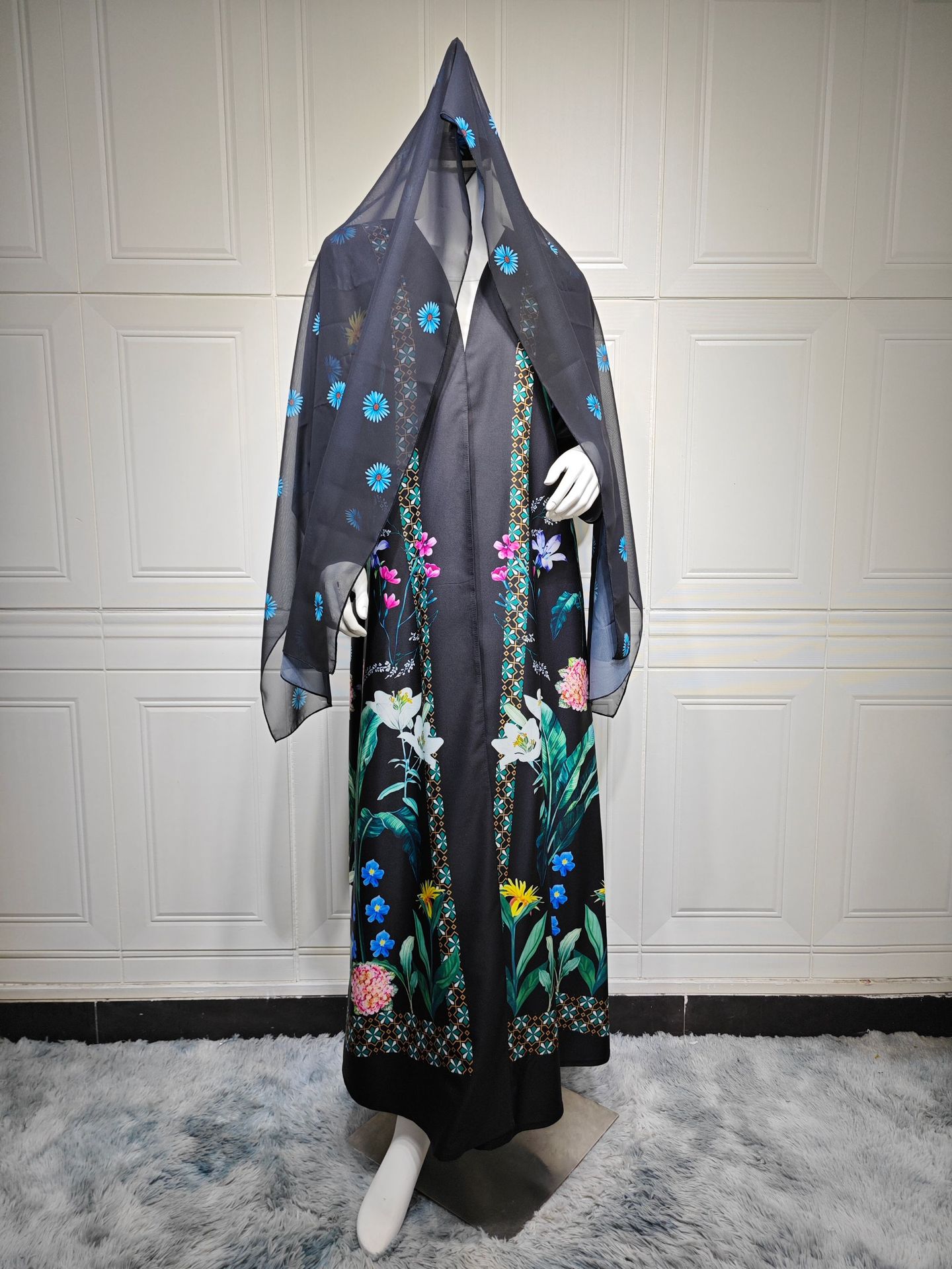 Picture of MQ236 Middle Eastern Robes Muslim Women's Fashion Print with Turban Casual Cardigan Abaya Large Swing Coat