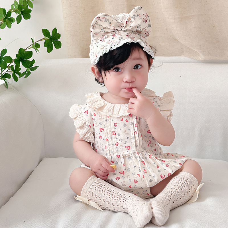 Korean-style baby jumpsuit summer floral bag fart clothes cotton thin baby girl full moon hundred days princess ha clothes