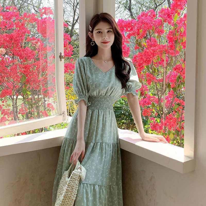 European and American gentle style sweet fairy floral skirt summer fresh V-neck high waist slimming dress women's A- line dress