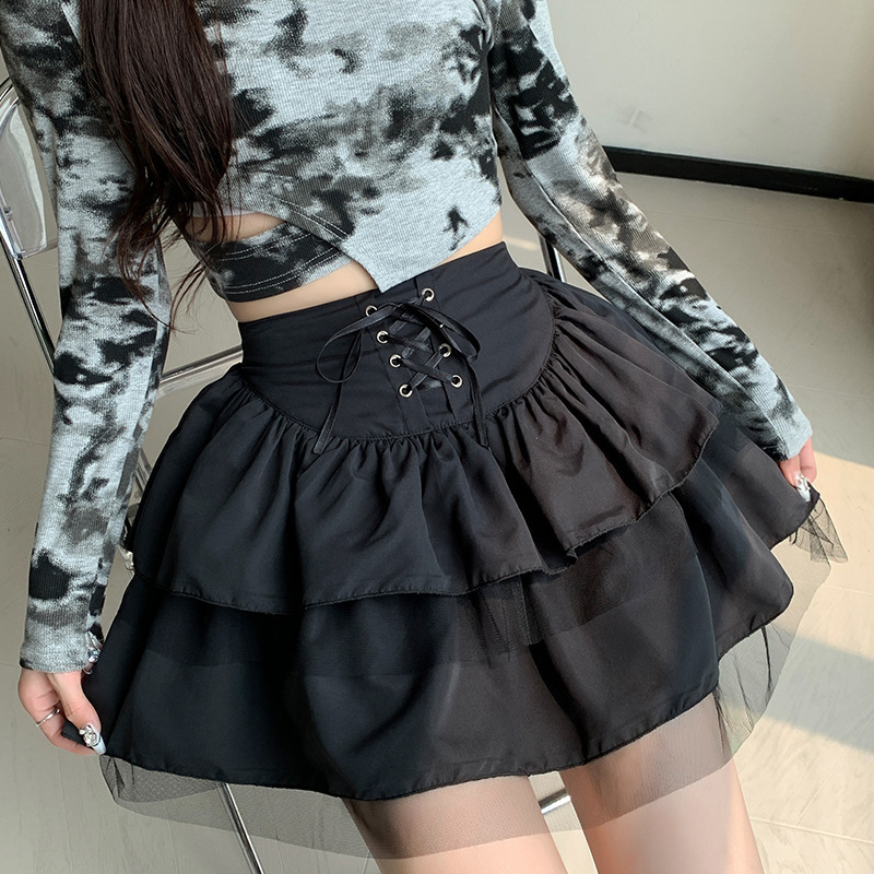Spring and Autumn New Ballet Style Puffy Short Skirt with Waist Mesh for Petite Women, Black Tie Style, Japanese Jk Style