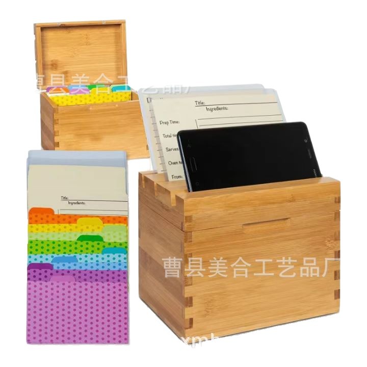 Picture of Bamboo Flip-Top Recipe Card Wooden Box Kitchen Countertop Recipe Storage Box Multi-Purpose Partition Flat Cardboard Box