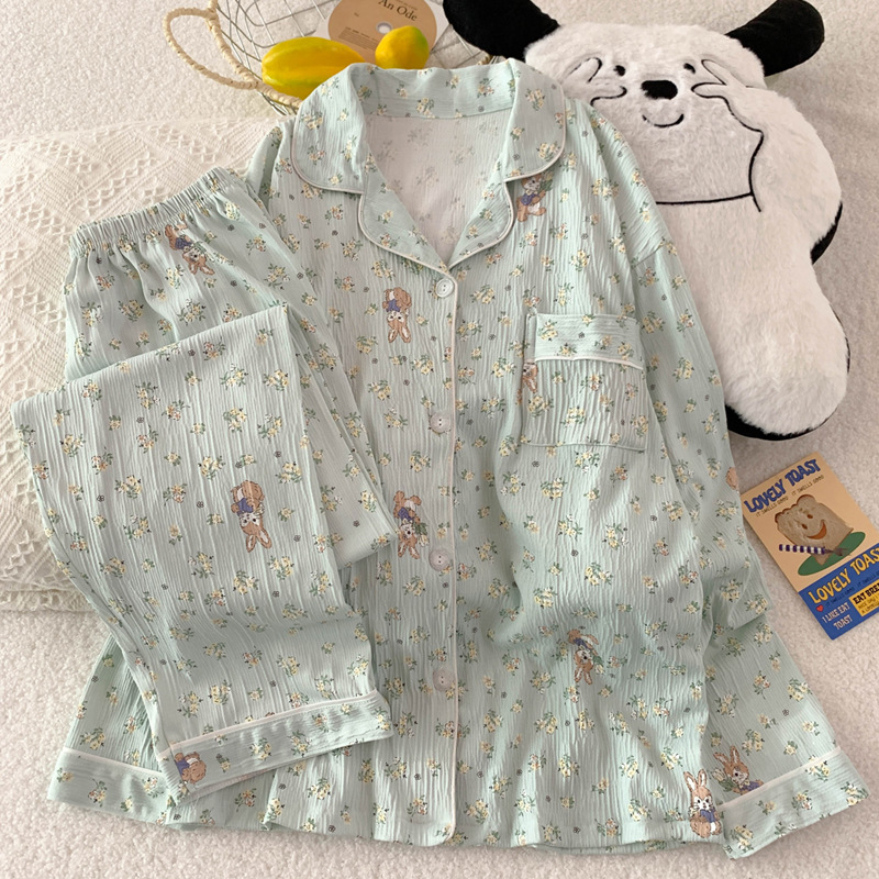Picture of Retro fairy wind spring new long sleeve pajamas women wrinkled cloth cartoon home clothes fashion suit real shot wholesale