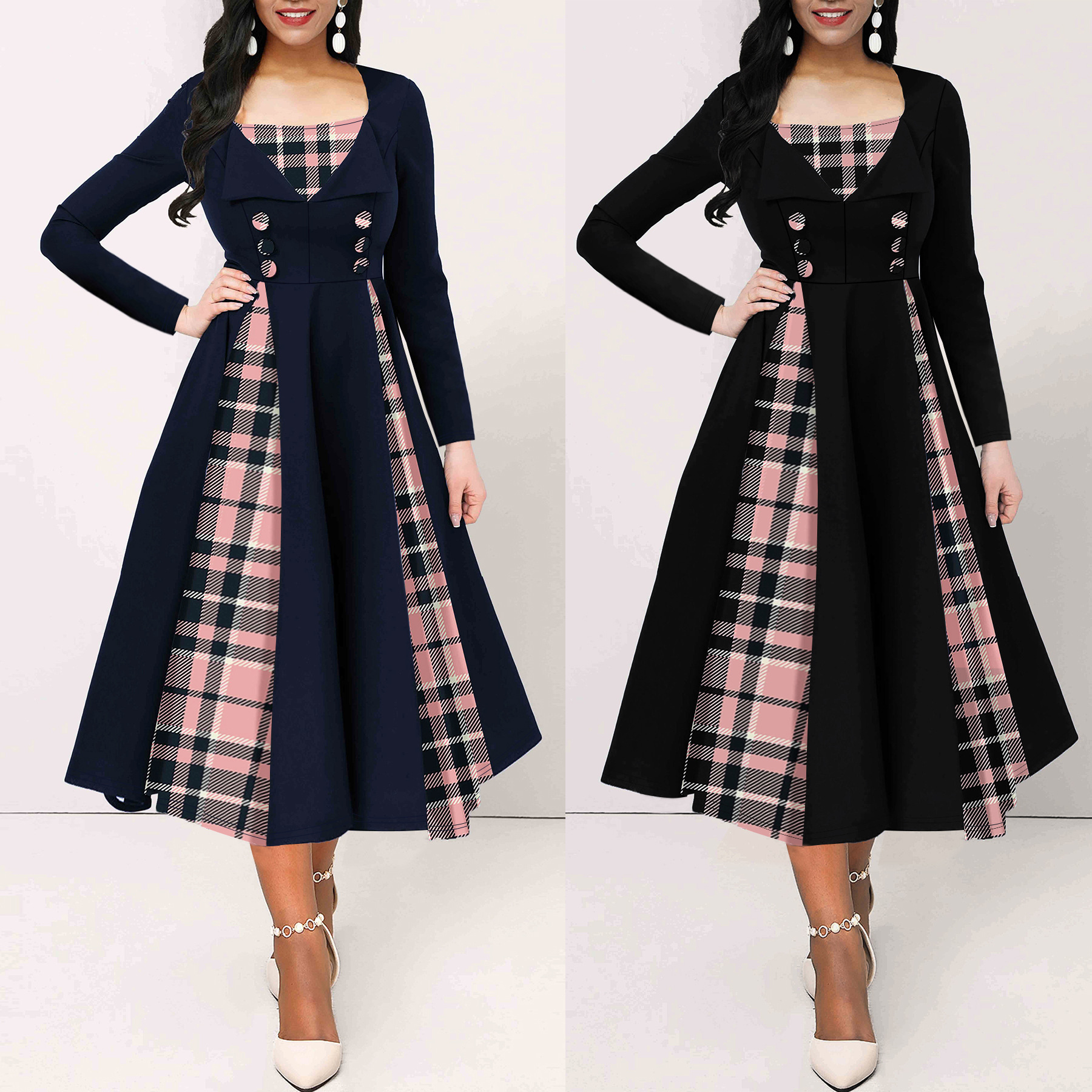 Cross-border Amazon European and American Women's New Contrast Plaid Stitching Double-breasted Long-sleeved Slim-fit dress