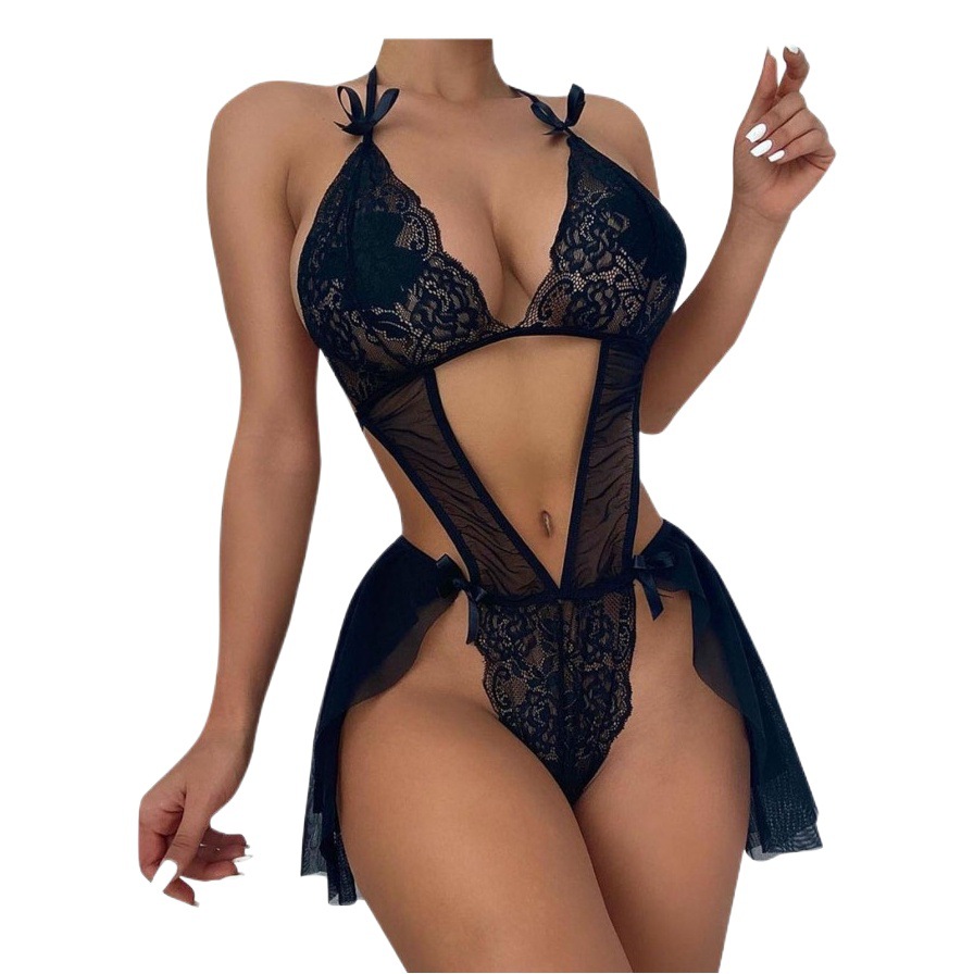 Wholesale cross-border foreign trade conjoined hollow-out free pure sexy lingerie black condole strap conjoined suit 570