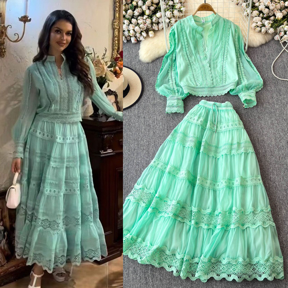 Cross-border 2024 European and American style new cross-border foreign trade outfit temperament fashion heavy industry stitching lace long skirt set