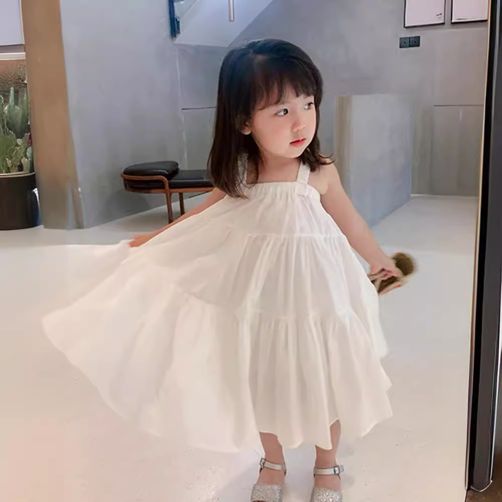 Girls White Dress 2024 Summer Fashionable Girls Beach Dress Children's Seaside Vacation Skirt Clothes Suspenders