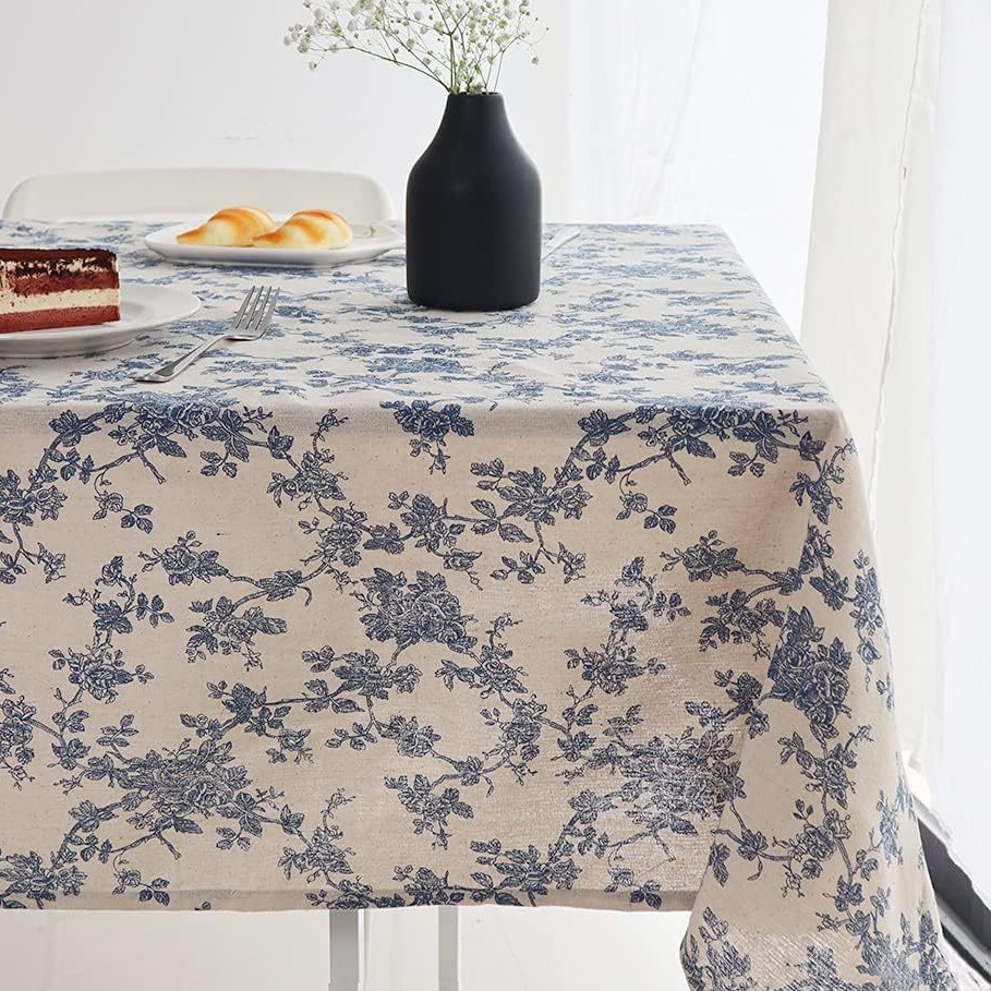 American Pastoral Fabric Tablecloth Household Dining Table Cotton Linen Retro Style Blue Printing Wholesale and Retail Household Cover Towel Table