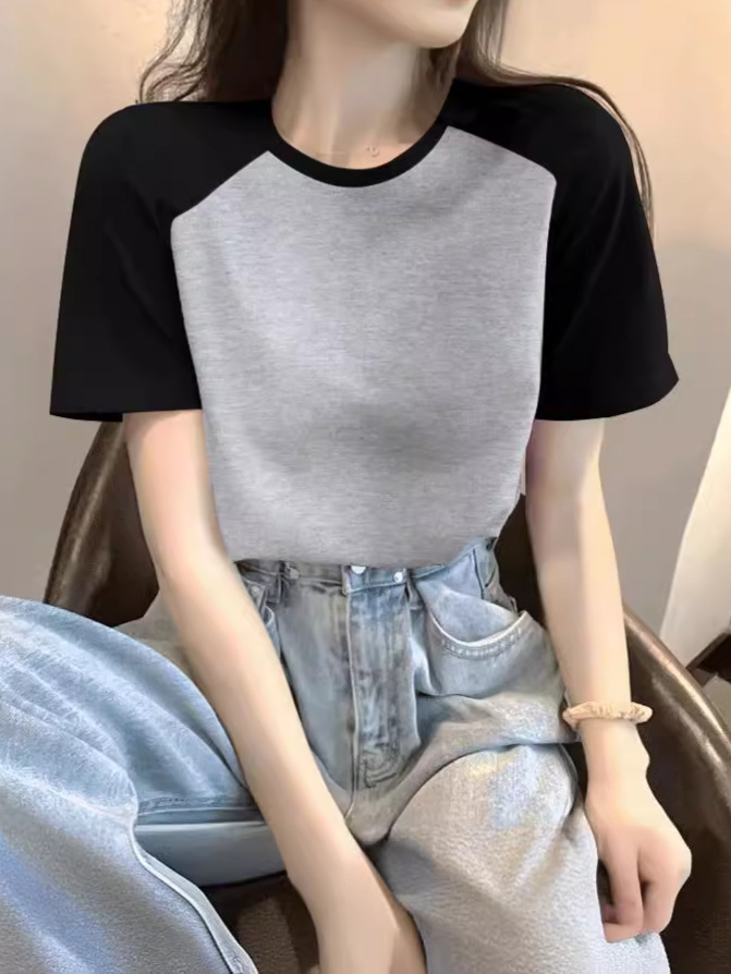 Raglan Sleeve Pure Cotton Short-Sleeved T-Shirt for Women Summer 2025 New Hot Style Dopamine Wear Contrasting Color Slimming Look Top