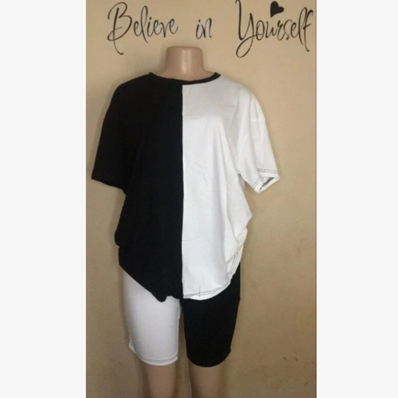 Picture of Cross-border European and American Amazon Spring and Summer Black and White Solid Color Contrast Color Loose T-shirt Shorts Sports Leisure suit