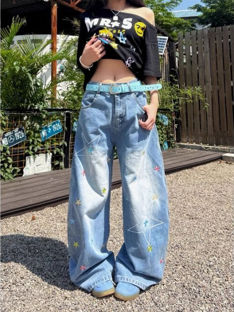 American Retro Letter Star Embroidered Jeans for Women Summer New Design Washed Loose Wide-Leg Scimitar Pants