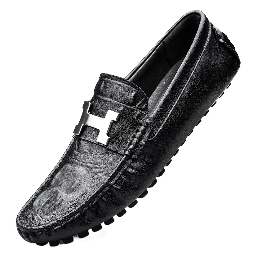 Live Broadcast Popular Crocodile Pattern Beanie Shoes Large Size Lazy Driving Shoes British Casual Shoes Genuine Leather Cowhide Men's Shoes