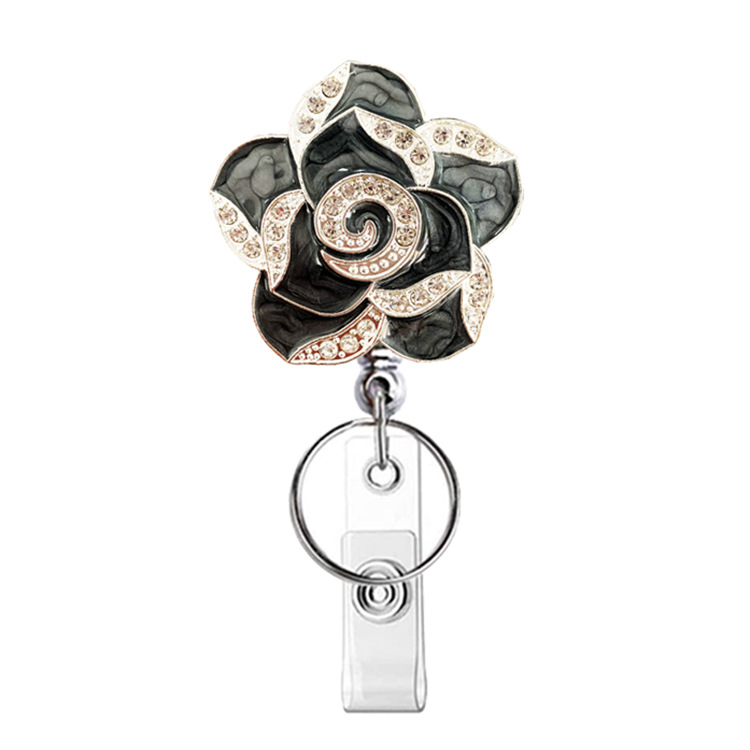 Picture of Silver Electroplating easy pull buckle metal color rhinestone drop oil rose Camellia retractable buckle easy pull ID buckle