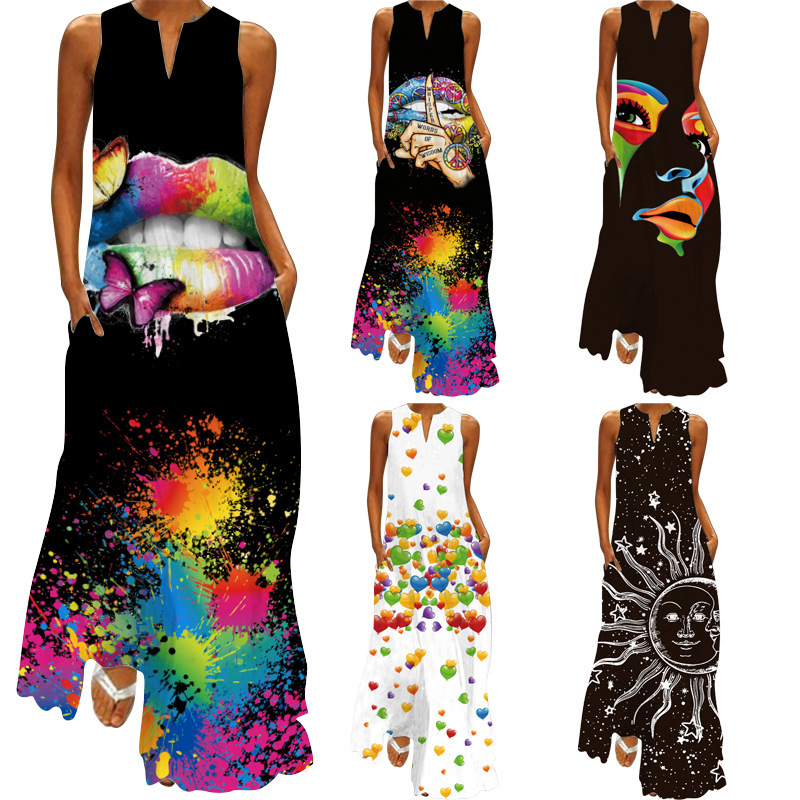 2024 Summer Independent Station New European and American Retro Printed Long Dress V-Neck Multicolor Long Dress Sexy Sleeveless dress