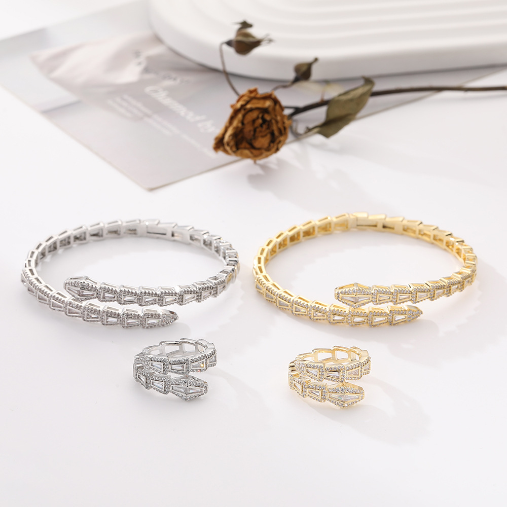 Zircon Snake-Shaped Open Bracelet Ring Jewelry suit Light Luxury Style Advanced Sense Finger Ring Exquisite Internet Celebrity Style Jewelry