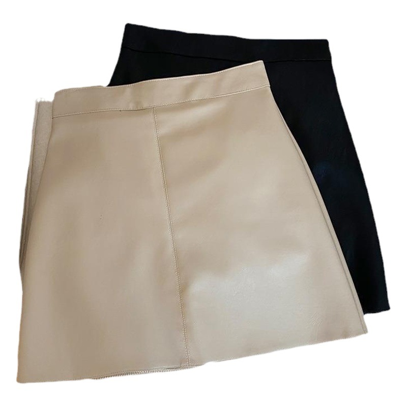 a-line skirt women's autumn and winter sweater small this year popular black high waist PU leather sheath short skirt